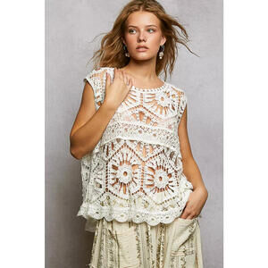 POL Openwork Round Neck Floral Crochet Tank